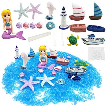 Imagem de BLLREMIPSUR 21 Peças Acessórios de Jardim em Miniatura, Areia Azul e Miniatura Sereia Golfinho Barco a Vapor Estatuetas Decorações, Micro Praia Oceano Litoral Kit de Decoração DIY
