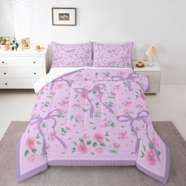 Imagem de Erosebridal Coquette Conjunto de edredom com laço roxo fofo e floral para crianças do berçário, com fitas de laço, flores silvestres, estilo pastoral, colcha de fazenda, decoração de quarto