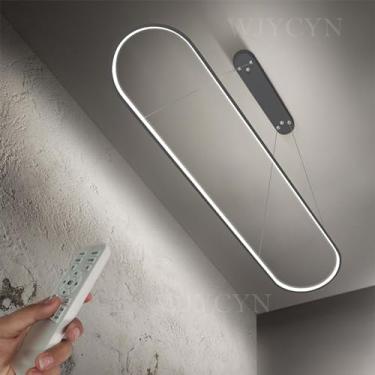 Imagem de Lustre pendente oval LED regulável, moderno, para mesa de jantar, escritório, com controle remoto, altura ajustável, sem reflexos, para sala de estar, cozinha, escritório, sala de estudos, B