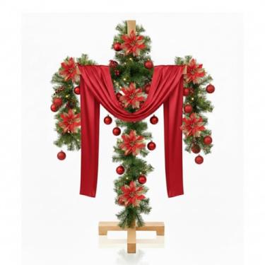 Imagem de CroBlissful 40 peças de decoração de cruz de madeira iluminada de Natal grande de 152 cm com bolas de guirlanda de poinsétia Jesus Cristo católico feito Ele ressuscitou, decoração ao ar livre para