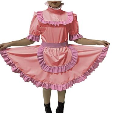 Imagem de Vestido cruzado sexy adulto com trava Sissy Maid vestido de PVC com trava uniforme avental fantasia macacão, raiz de lótus rosa, G