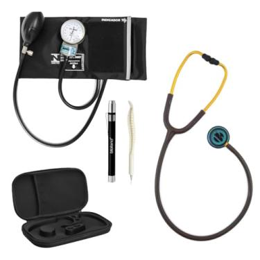 Imagem de Kit Aparelho De Pressão Arterial + Estetoscópio Inox + Estojo Case Preto Luxo Com Lanterna Clínica E Caneta Osso (Marrom)