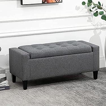 Imagem de Banqueta retangular de algodão e linho acolchoada para sapatos banco de cabeceira de madeira maciça, banco de armazenamento para sala de estar, cinza, 80 x 40 x 45 cm (31 x 16 x 18 polegadas)