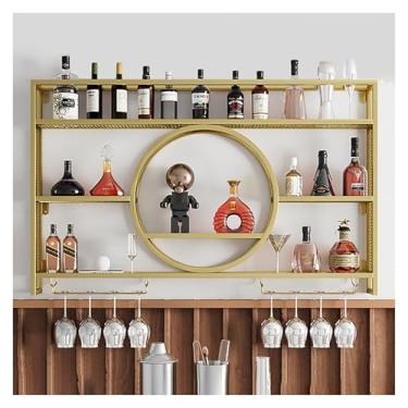 Imagem de Rack de vinho de metal montado na parede com luz LED Suporte de vinho invertido Unidade de bar industrial Prateleiras flutuantes Suportes de vidro para bar doméstico cozinha sala de jantar (ouro, 160