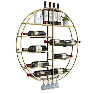 Imagem de Prateleiras redondas de vinho montadas na parede para garrafas de vinho e suporte de vidro para taças de metal prateleiras flutuantes para bar doméstico, ouro (tamanho: diâmetro 80 cm)
