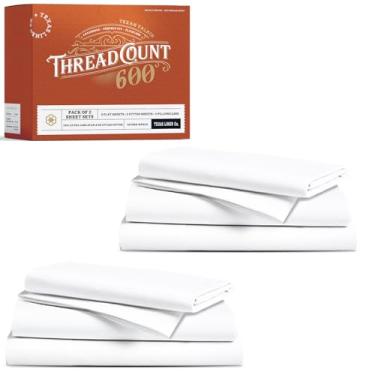 Imagem de TEXAS LINEN CO. Pacote de 2 lençóis de algodão egípcio Twin GG - Luxuoso 600 fios de algodão egípcio tamanho GG (6 peças, branco), macio, resfriamento, bolso profundo de 40,6 cm