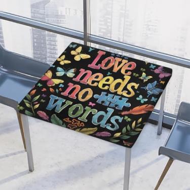 Imagem de hongjinglin Toalha de mesa quadrada para uso ao ar livre com borda elástica, toalha de mesa quadrada com palavras limpáveis com autismo, para decoração de cozinha de 117 x 117 cm