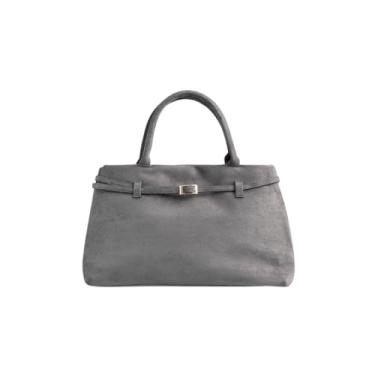 Imagem de Base'ic Bolsa feminina de camurça – Bolsa de ombro de camurça sintética despojada, bolsa de mão moderna de grande capacidade para trabalho e viagem, Cinza (ferragens douradas), Large