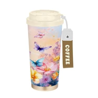 Imagem de SEHANY Caneca de viagem borboleta e flores de 482 ml Copos de café reutilizáveis revestidos de cerâmica com tampa à prova de vazamento, parede dupla, isolamento a vácuo, copo de café de aço inoxidável