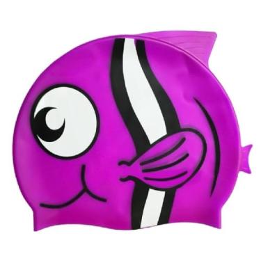 Imagem de Touca de Natação Impermeável，Toca de Natação Adulto，Touca de Natação Silicone Infantil Kids Impermeável Peixinho(Roxo)