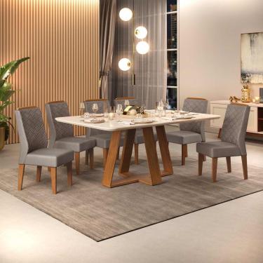 Imagem de Conjunto Sala De Jantar Mesa Com 6 Cadeiras Tampo Curvo 160cm Kiara Freijó/off White Lídia Veludo Lunar - Dj Móveis
