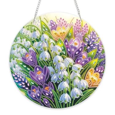 Imagem de Eiflow Kit de pendurar arte de diamante acrílico para adultos, kit de pintura de diamantes faça você mesmo, enfeite especial de pingente de pintura de diamante de cristal (flores)