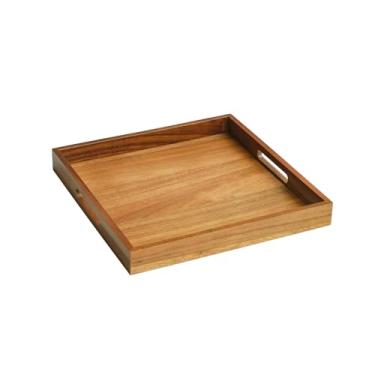 Imagem de Bandeja de servir de madeira de acácia, otomana quadrada de 33 cm x 33 cm, bandeja de mesa de café, bandeja decorativa de fazenda para sala de estar, cozinha, quarto