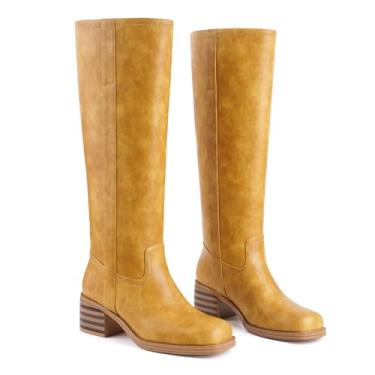 Imagem de Migpuel Botas femininas de cano alto banana bico quadrado salto grosso botas de equitação confortáveis salto baixo casual panturrilha larga cano alto botas campus, Amarelo banana, 37