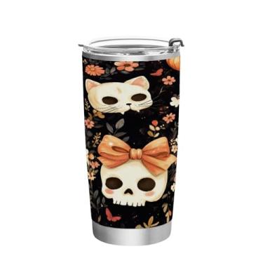 Imagem de STAYTOP Copo de aço inoxidável de caveira de açúcar de Halloween, 590 ml, copo de café isolado com tampa e canudo, caneca de café de viagem de parede dupla para bebidas quentes e frias