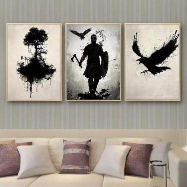 Imagem de 3 peças de arte de parede Trees Warriors Crows 20 x 30 cm para casa moderna, escritório, sala de estar, decoração de quarto, pôster em tela sem moldura, presente de arte de parede