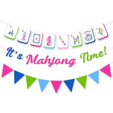 Imagem de FYSUIMU 3 peças de decoração de festa de Mahjong faixa de tecido pendurada rosa azul verde é hora de Mahjong guirlanda para jogos noturnos suprimentos de pano de fundo