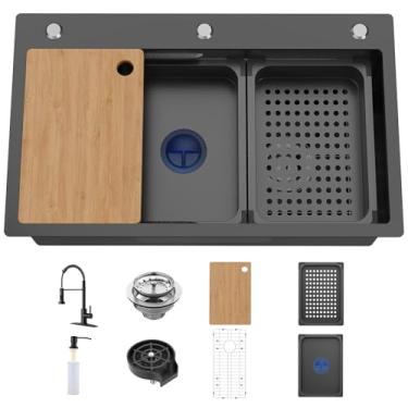 Imagem de Pia de cozinha preta de 75 x 43 cm, estação de trabalho em aço inoxidável, tigela única, montagem superior de borda dupla, pia de estação de trabalho multifuncional com torneira, escorredor, grade SS