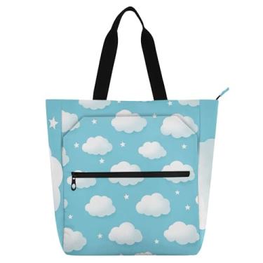Imagem de Sacola feminina azul claro com nuvens brancas, trabalho, lona, praia, escola, bolsas médias, presente para amantes de livros