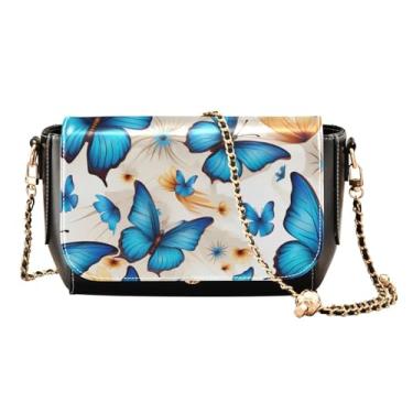 Imagem de Bolsas de ombro femininas pretas com cogumelos e plantas, bolsas de couro transversais para mulheres, Blue Butterflies Are Flying-1, One Size