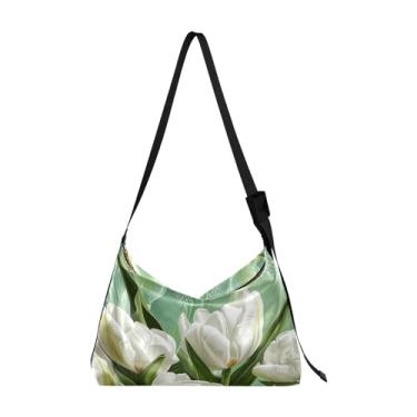 Imagem de Bolsa de couro tulipas brancas com alça de ombro, bolsa de ombro masculina de couro, bolsa tiracolo de couro, Tulipas brancas em verde - 8, One Size