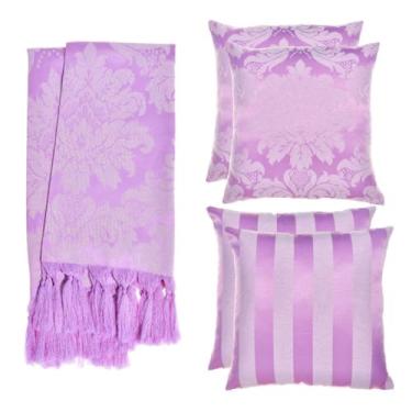 Imagem de Kit Manta para Sofá Jacquard 1.8x1.4m + 4 Capas de Almofada 45x45cm - Conjunto Protetor e Decorativo com Franjas Artesanais(Lilás e Crú 116)