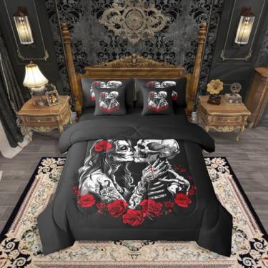 Imagem de Erosebridal Jogo de cama queen gótico de caveira de casal em uma bolsa, 7 peças, esqueleto, ossos de esqueleto, conjunto de cama com lençol com flores vermelhas e rosas vermelhas para crianças e