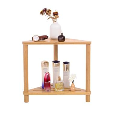 Imagem de FDHUIJIA Banco de chuveiro de canto de bambu, banquinho de chuveiro impermeável de 2 camadas para pernas de barbear, espaços pequenos, assento de banheiro (triangular)