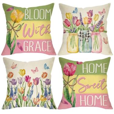 Imagem de Fjfz Conjunto de 4 capas de almofada decorativas de flor de tulipa primavera 45,7 x 45,7 cm, pote de pedreiro floral aquarela, decoração de varanda, flor de verão com graça, família, sofá, capa de