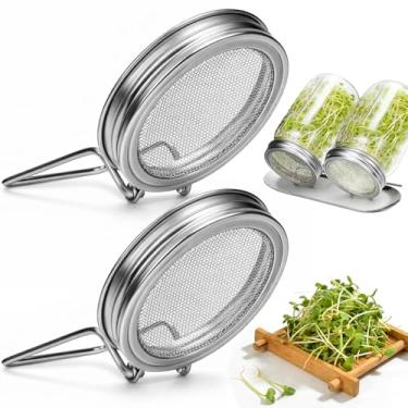 Imagem de Palksky Tampas de germinação para frascos de vidro de boca larga, pacote com 2 tampas reutilizáveis de brotos de feijão com tela de aço inoxidável para sementes de alfafa orgânica e brócolis, kit de