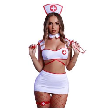 Imagem de WDIRARA Conjunto de 6 peças lingerie feminina de enfermeira, conjunto de saia cosplay com meias, branco, pequeno