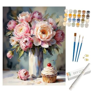 Imagem de Kit de pintura de peônias rosa por números para adultos - Buquê de flores DIY com pintura de cupcake enrolada em tela 40,6 x 50,8 cm, conjunto de tinta acrílica, adequado para iniciantes, arte para