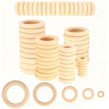 Imagem de 18 peças de anéis de artesanato de madeira natural inacabados - espaços em branco circular de madeira lisa para fabricação de joias de macramê, conectores de pingente DIY e suprimentos de artesanato