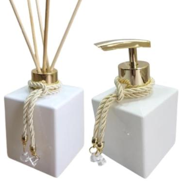 Imagem de Kit Lavabo Aromatizador Porta Sabonete Líquido - Dispenser Organizador Banheiro - Jogo Para Banheiro - Kit Decorativo - Conjunto Aromatizador e Saboneteira Premium- Branco e Dourado-Luiggi Presentes®