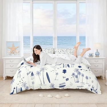 Imagem de Conjunto de capa de edredom de praia costeira, tamanho casal, prancha de surfe, veleiro, palmeira, 3 peças, para decoração de quarto de crianças, meninas, meninos, adolescentes, verão, vida oceânica