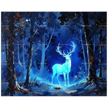 Imagem de TAOPAOLAB Kit de pintura mágica de cervo por números para adultos – Pintura de veado branco luminoso DIY em floresta encantada em tela, 20 x 30 cm, conjunto de tinta acrílica emoldurada, adequado para