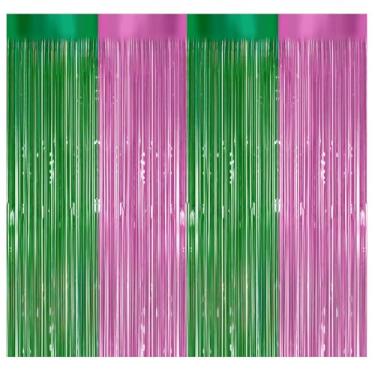 Imagem de 2 peças de cortinas de franja de alumínio rosa e verde, 1 x 2,0 m, cortina de franja de alumínio para aniversário, festa de casamento (rosa e verde)
