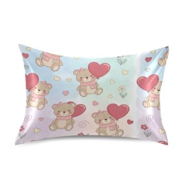 Imagem de Wassud Ursos e Corações Dia dos Namorados Fronha de Cetim para Cabelo e Pele Fronhas de Seda Lisa Tamanho Padrão Capas de Travesseiro Respiráveis com Fecho de Envelope