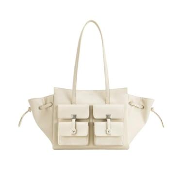 Imagem de BCMCBV Bolinho de massa grande capacidade bolsa feminina cor sólida ombro ombro axila bolsas femininas, Branco, 45-13-22cm