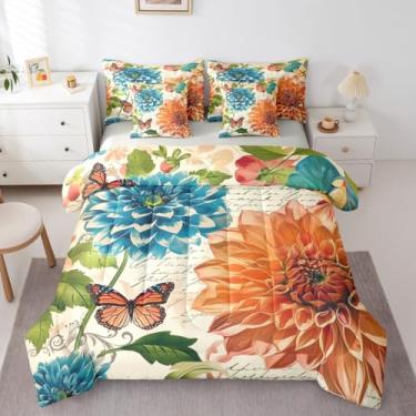 Imagem de Erosebridal Jogo de cama de casal de 7 peças, vintage, borboleta, floral, jardim, botânico, rústico, casa de fazenda, para adolescentes e crianças, laranja, azul