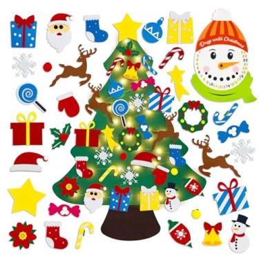 Imagem de ZEBMOON Árvore de Natal de feltro DIY com 34 peças de ornamentos para crianças, árvore de Natal de feltro de 9 m com luz para crianças Montessori, decoração de festa de ano novo
