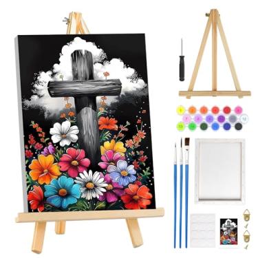 Imagem de MOGTAA Kit de pintura de cruz de Páscoa por números para adultos iniciantes com moldura, kits de pintura de cruz para adultos por números em tela com cavalete, kits de pintura a óleo DIY fáceis para