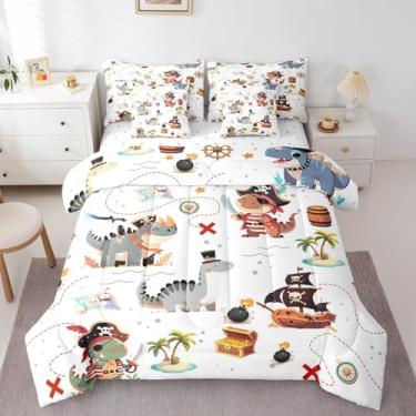 Imagem de Homewish Conjunto de edredom infantil de dinossauro pirata, 7 peças, para meninos, tema de mapa náutico do mar, decoração de quarto de crianças e adolescentes, conjunto de lençol com desenho animado