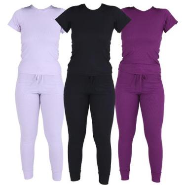 Imagem de Kit 3 Conjutos Ribana Blusa Manga Curta Calça com Bolsos - Click Mais 