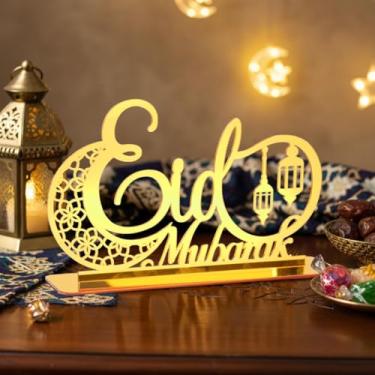 Imagem de Ornamento Eid Mubarak, decorações de mesa de acrílico dourado com letras lua e lanterna, suporte de mesa central de mesa presente para casa islâmico muçulmano feriado Ramadã suprimentos de decoração