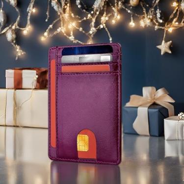 Imagem de Carteira fina para homens e mulheres, bolso frontal minimalista com bloqueio de RFID, porta-cartão de crédito, Cera de óleo - vermelho arroxeado (PU), 1 Count (Pack of 1), Slim