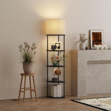 Imagem de Qupui Luminária de chão com prateleiras, luminária moderna de canto de 5 camadas com lâmpada de temperatura de 3 cores, prateleiras organizadoras de decoração de casa para quarto, sala de estar, preta