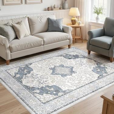Imagem de cotiled Tapetes grandes laváveis para sala de estar, tapete antiderrapante macio resistente a manchas para quarto, sala de jantar, tapetes vintage para decoração de casa, 12 x 20 cm, azul