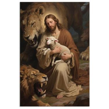 Imagem de Jesus Leão Cordeiro Pintura Leão Arte de Parede Religiosa Jesus e Cordeiro Tela Decoração de Casa para Igreja Cristã Sala de Oração Decoração de Parede 100 x 70 cm Pôster