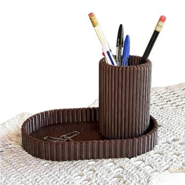 Imagem de Kit Bandeja Organizador 3D - Porta-Lápis, Caneta e Maquiagem para Escrivaninha, Escritório e Mesa, Decoração Funcional (Marrom)